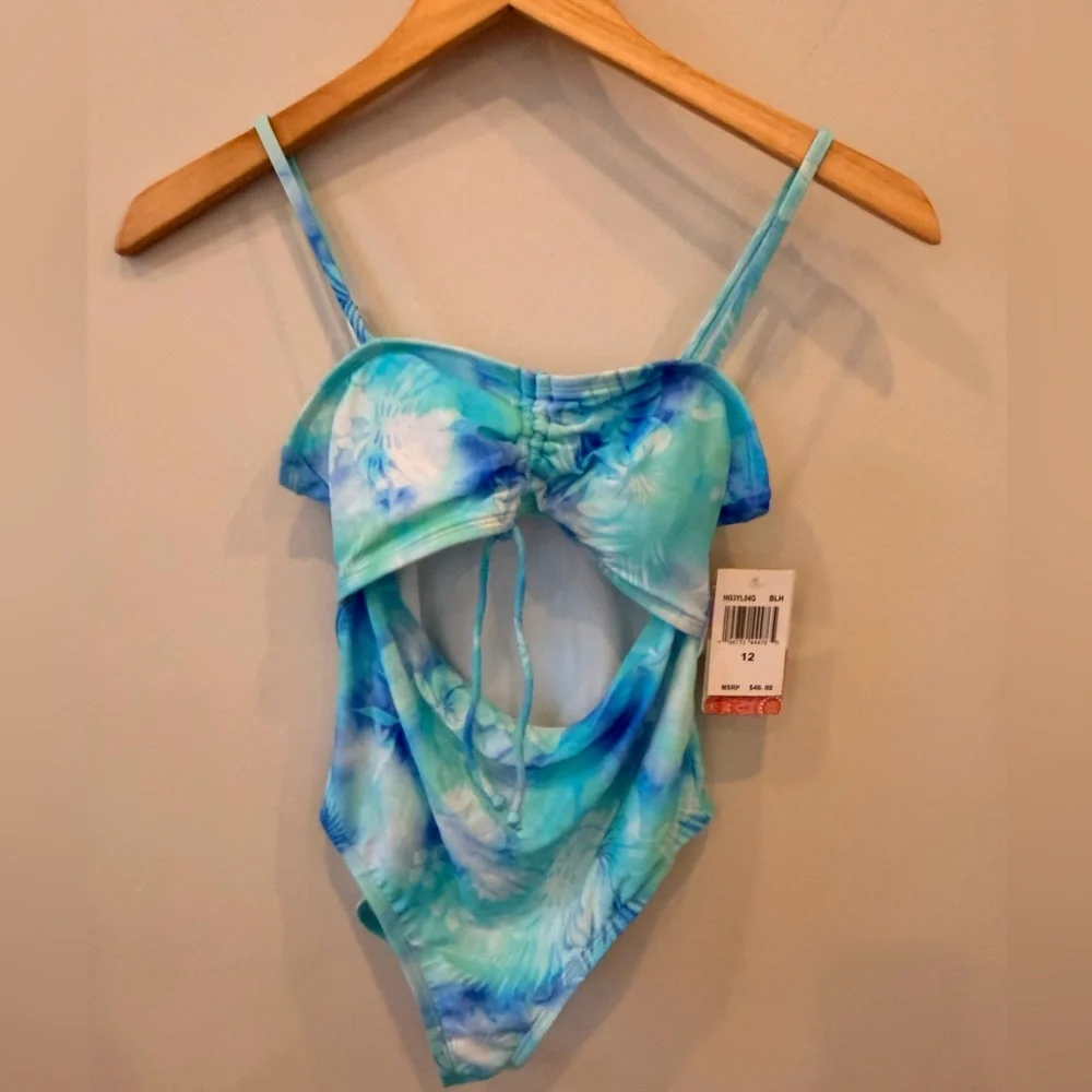 Hobie Girls One Piece‎ Swimsuit Blue Green Floral Cutout Adjustable Size 12 NWT